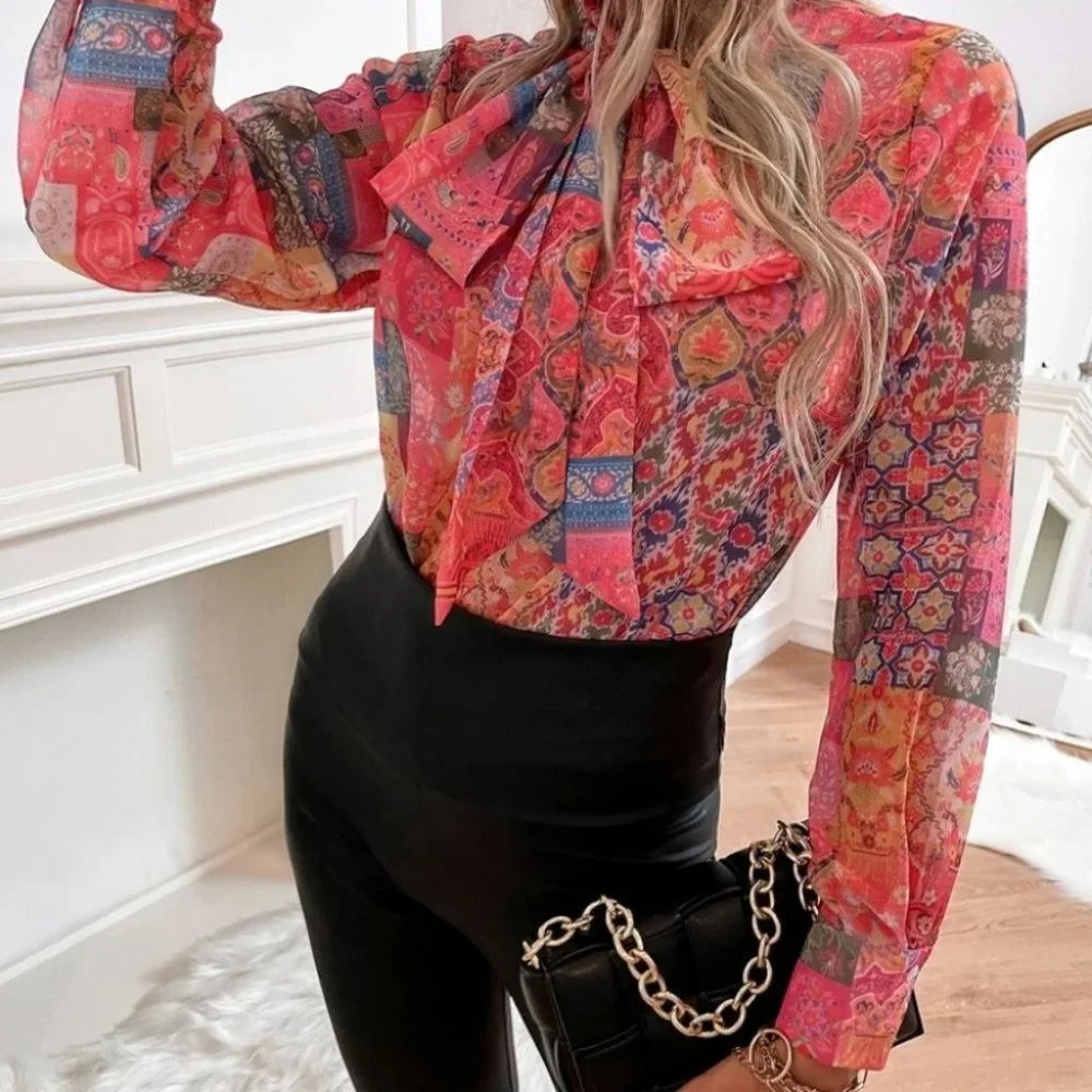 Boho Patchwork long Sleeve Tie Neck Blouse Multi color - Picture 6 of 10